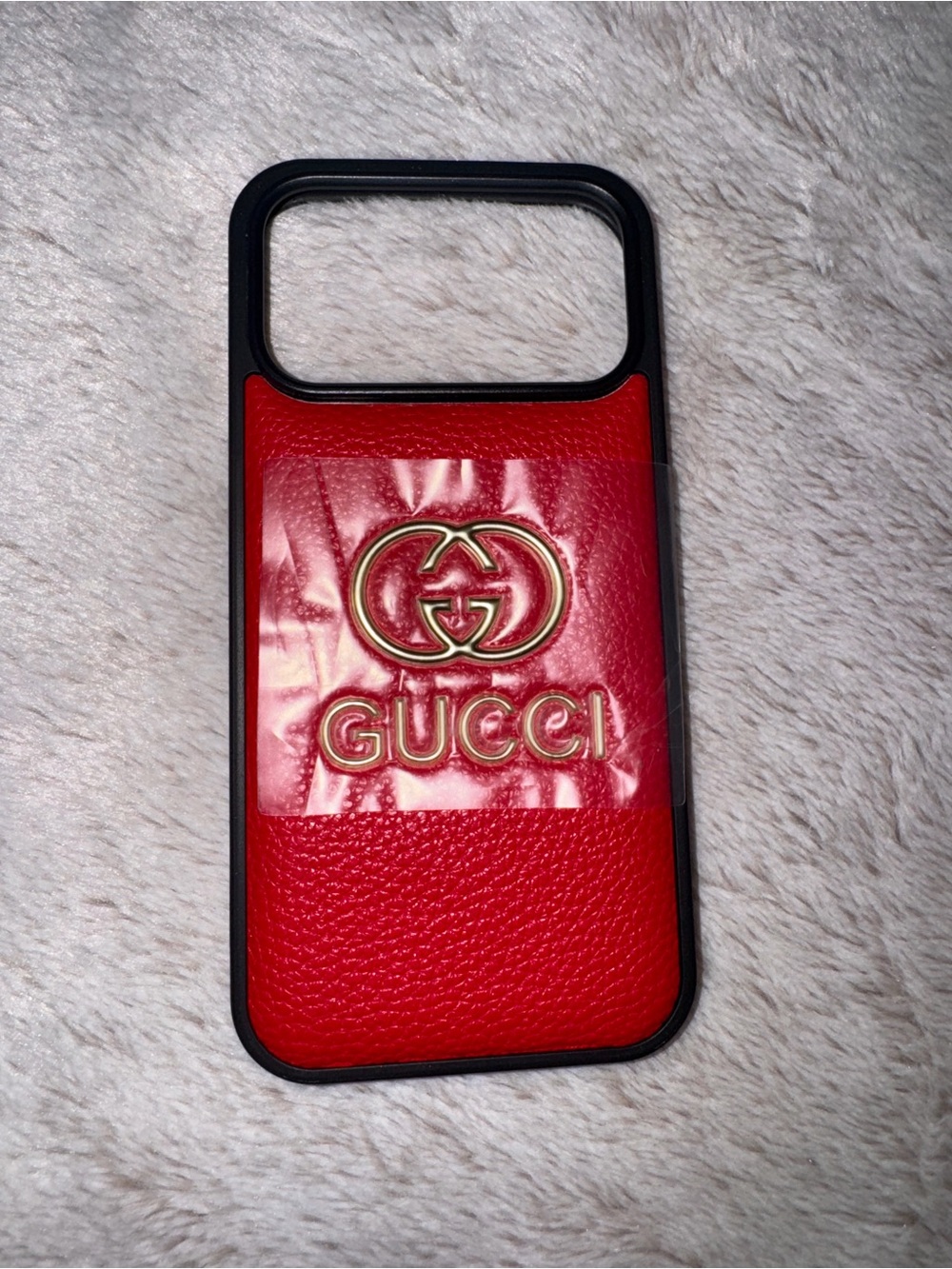 17 pro max Red Leather Phone Case with Gold Logo Accent